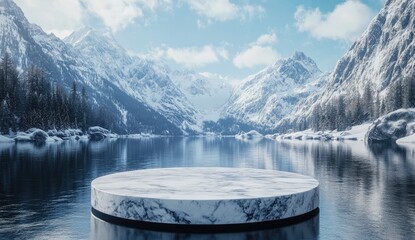 Marble podium on frozen lake, snowy mountains