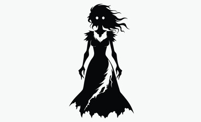 Zombie bride silhouette, torn dress and messy hair, spooky horror figure, black and white vector, on white background