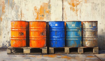Four rusty oil drums, orange and blue, on a wooden pallet against a textured wall