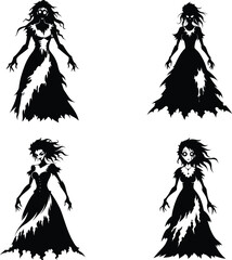 Zombie bride silhouette, torn dress and messy hair, spooky horror figure, black and white vector, on white background