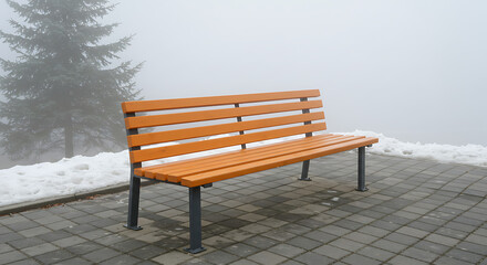 Lonely Bench on a Misty Day in Winter Landscape, Serene Outdoor Seating in Tranquil Park, Empty Seat in Foggy Weather