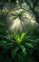 Sunlight streams through misty jungle canopy, illuminating lush foliage