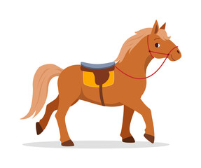 Illustration of a brown horse with a saddle on a white background