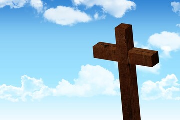 rustic wooden cross is standing in flat design against bright blue sky, showing fluffy white clouds