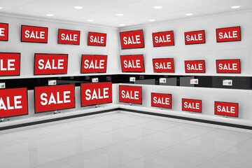 Flat design televisions are displaying sale signs in electronics showroom on low display shelves