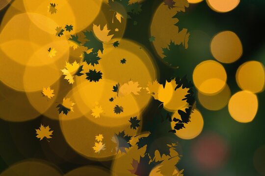 Fototapeta Digital design showing golden-yellow bokeh circles and maple leaf silhouettes over blurred green