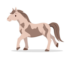 Illustration of a Walking Horse with Brown Spots in Cartoon Style on White Background