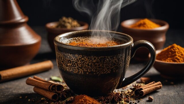Closeup of Steaming Mug of Chai Tea with Spices