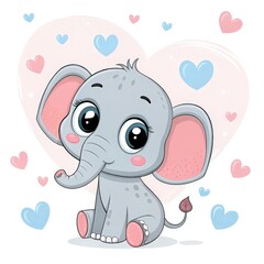 Obraz premium Cartoon Baby Elephant with Pink Ears and Big Eyes Sitting Amidst Heart Shapes