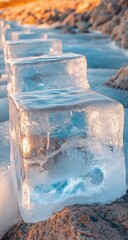 Frozen cubes, backlit, on rocks, sunset glow