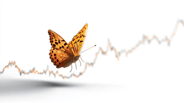 Butterfly landing on fluctuating stock line graph to symbolize market volatility and fragile success