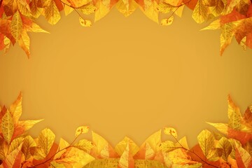 Decorative autumn leaf border is framing golden-yellow background in flat design, copy space