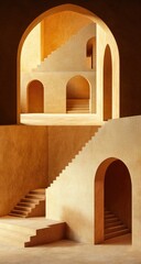 Beige architectural interior with arches and stairs. Sunlight streams in