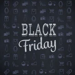 Chalkboard styled poster is displaying BLACK Friday lettering with repeating shopping icons grid