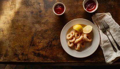 Fried calamari rings on a plate with lemon, next to ketchup, on a rustic table