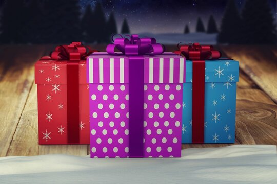 Fototapeta Three decorated gift boxes are sitting on snowy wood under starry night forest in flat design