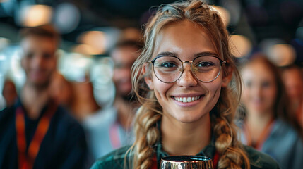 Confident woman smiles at camera, surrounded by a group of people at a conference.