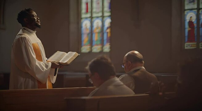 Clergyman reading holy book in church