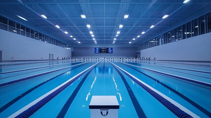 Naklejka premium Empty professional swimming competition pool with starting blocks, clear lane dividers, and digital timing scoreboard silhouette in background for sports training or tournament concepts