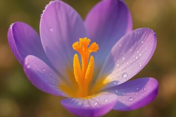 Obraz premium Purple Crocus with Dew Drops and Orange Stamen, Close-up