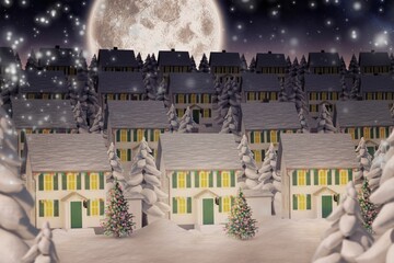 Flat design is showing three snowy houses with Christmas trees, wreaths, snowfall under full moon