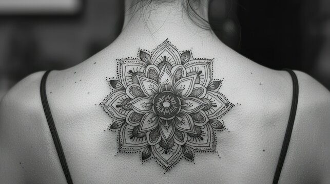 Dotwork mandala tattoo with circular symmetry