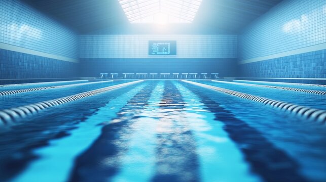 Empty professional swimming competition pool with starting blocks, clear lane dividers, and digital timing scoreboard silhouette in background for sports training or tournament concepts

