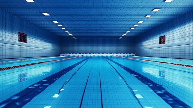 Empty professional swimming competition pool with starting blocks, clear lane dividers, and digital timing scoreboard silhouette in background for sports training or tournament concepts