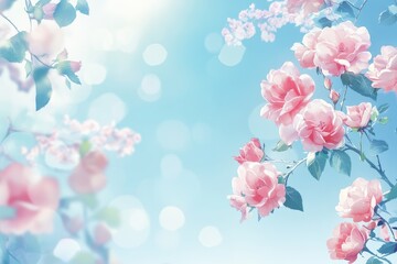 Fototapeta premium Delicate pastel pink roses and cherry blossoms against a soft blue sky