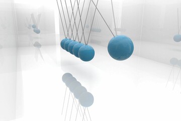 3D illustration showing glossy blue pendulums hanging in reflective chamber with mirror reflections