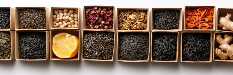 Assorted loose leaf teas and spices in small cardboard boxes