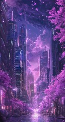 Futuristic city street bathed in purple, with vibrant pink cherry blossoms