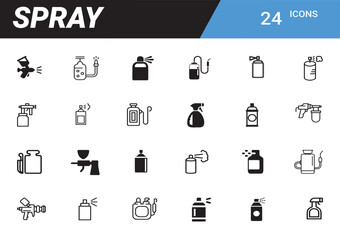 Spray Icons Set: A comprehensive collection of 24 unique spray icons, ideal for various design projects.  The icons depict different types of spray bottles and cans.