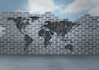 World map doodle against wall