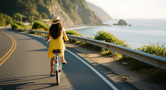 Woman in yellow dress riding bicycle on a scenic coastal road by the ocean