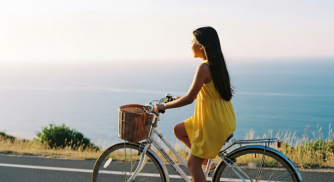 Young woman cycling on a scenic coastal road at sunset, enjoying the ocean view and summer freedom