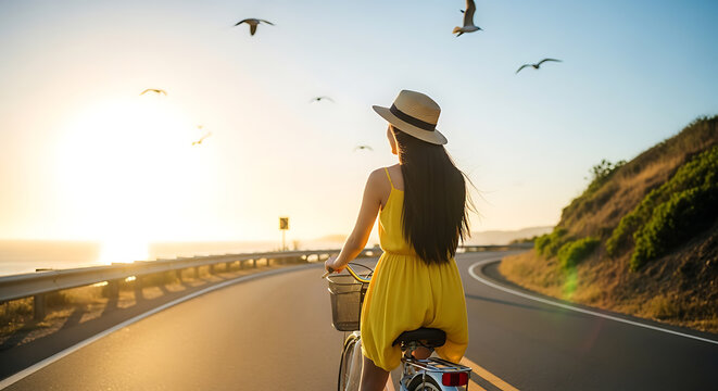 Woman on bicycle rides scenic coastal road at golden hour with flying birds. Freedom, travel, and adventure.