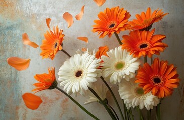 Orange and white gerbera daisies bouquet, petals scattered