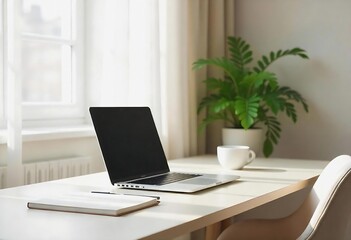 Fototapeta premium Modern laptop workspace with notebook, coffee cup, and plant on white desk