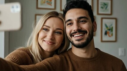 A happy couple takes a selfie together at home smiling brightly - Powered by Adobe