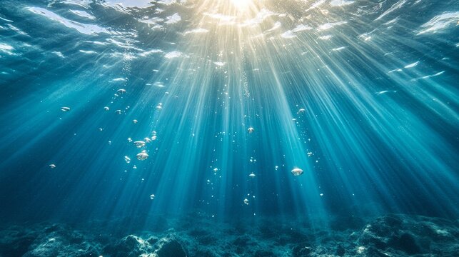 Magical deep underwater scene with soft glowing light rays, rising bubbles, and a calm serene atmosphere in crystal clear blue ocean depths for tranquil aquatic backgrounds

