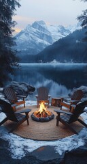 Cozy fire pit, snowy mountains, serene lake