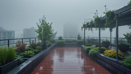 Rooftop garden on a rainy day with wet wooden deck and plants under a foggy sky in an urban setting
