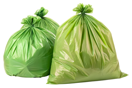 Three green plastic refuse bags isolated with transparent background
