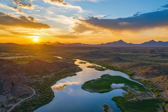 Exploring the natural beauty of Yuma Desert at sunset with reflections on the river, Aerial view of Yuma Desert