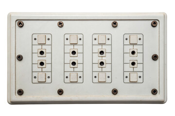 Old white electrical control panel with buttons isolated with transparent background