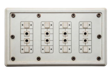 Old white electrical control panel with buttons isolated with transparent background
