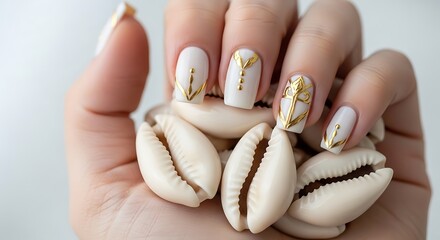 Elegant seashell inspired nail art on a woman's hand holding white cowrie shells