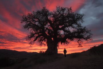 Walking beneath an ancient tree as vibrant red skies illuminate the horizon, Moving Under Old Tree With Red Sky Above