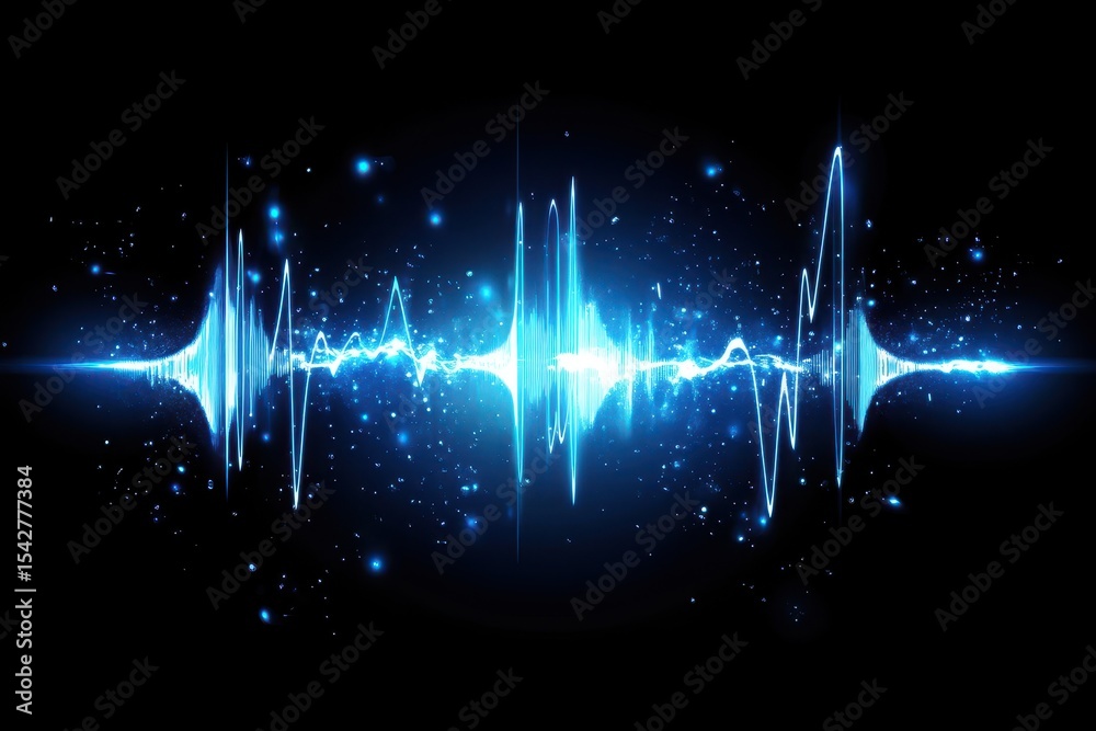 Poster dynamic blue audio waveform with techno elements creating a vibrant visual experience, blue audio wa
